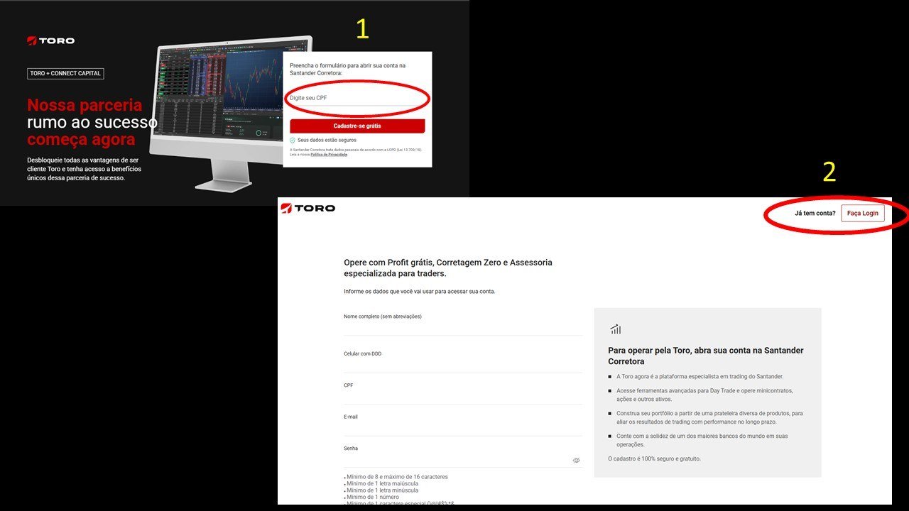 Guia visual da Toro mostrando onde informar o CPF e onde clicar em Faça Login para acessar uma conta existente